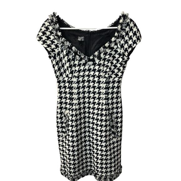 MUSE Womens Sheath Dress Black & White Houndstooth Fringe Lined Career sz 2 - Picture 1 of 12